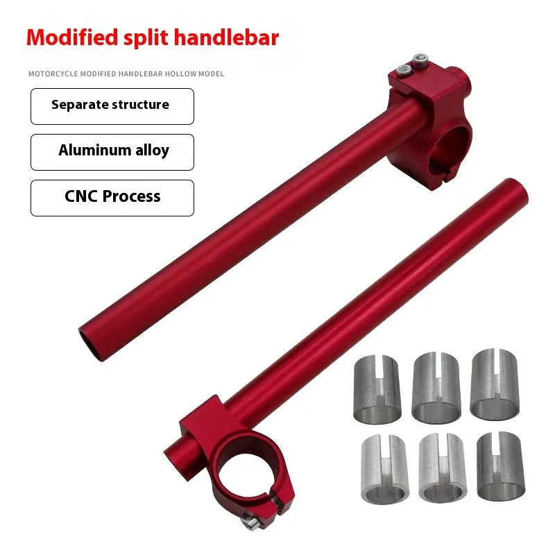 CNC separated motorcycle handlebar in aluminium alloy, universal fit, shown as a pair for motorcycle modification.