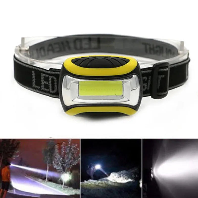 Yellow plastic three-speed COB LED headlamp for outdoor activities.