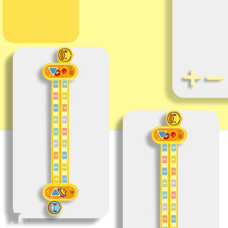 Yellow plastic children's digital decomposition ruler with cartoon graphics, showing 24.5 cm length.