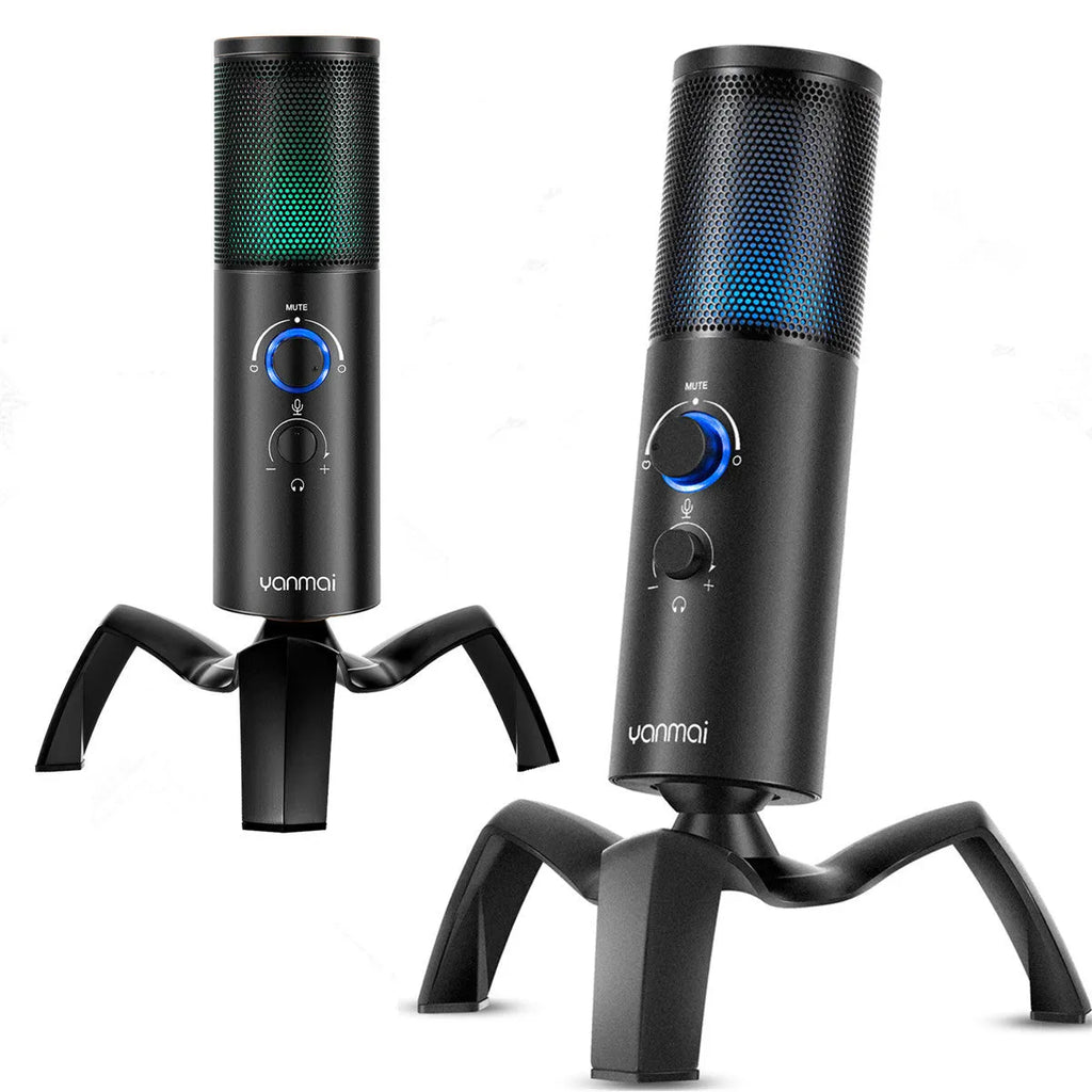 Black metal USB condenser microphone with RGB lighting on adjustable tripod stand