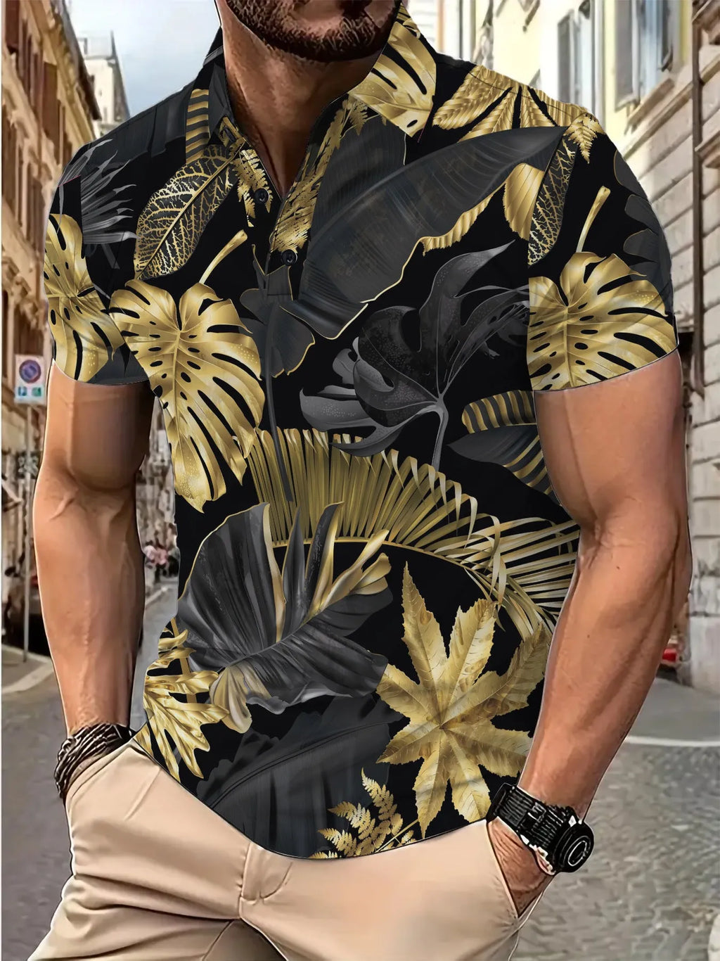 Men's gold shirt with tropical plant pattern print and short sleeves