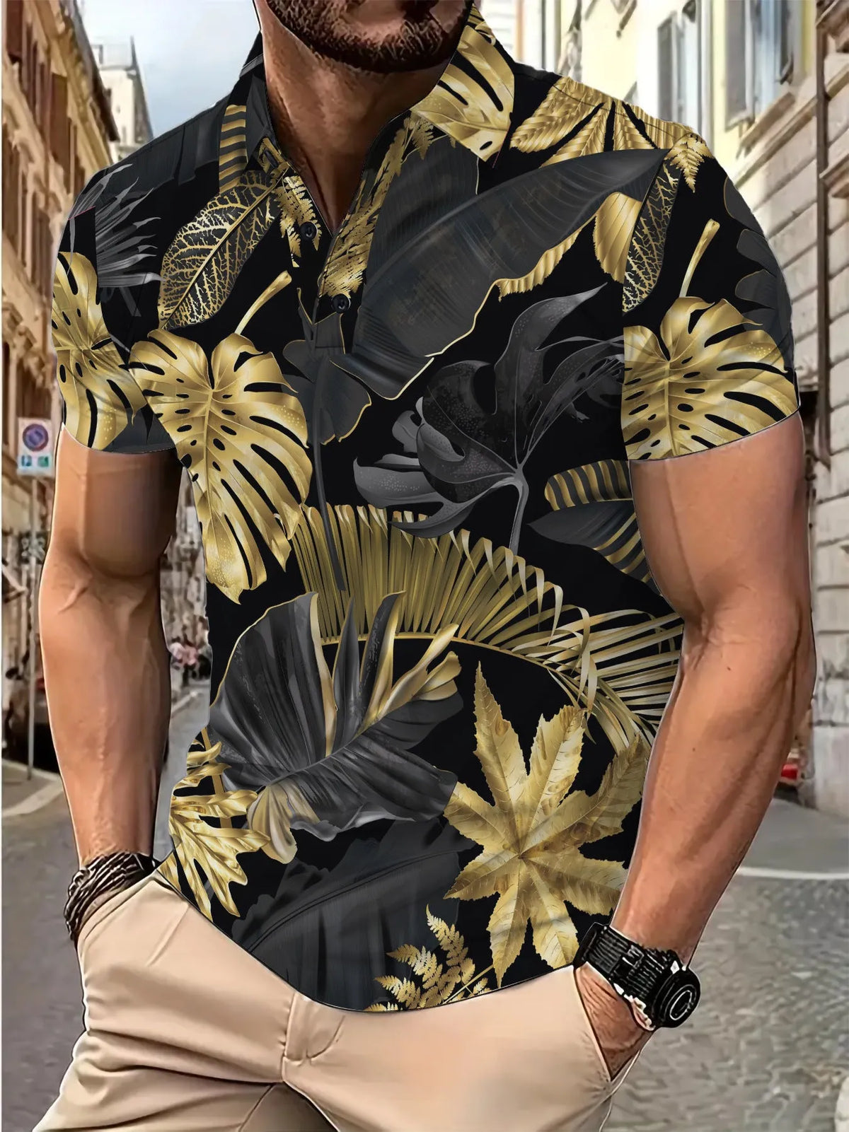Men's gold shirt with tropical plant pattern print and short sleeves