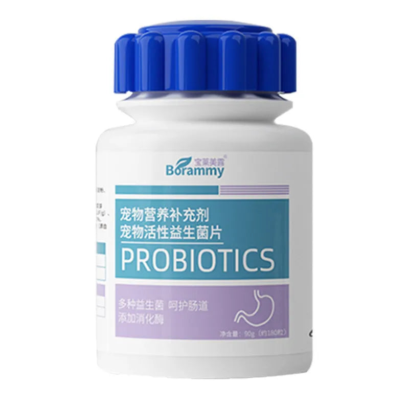 Bottle of pet probiotic chewable tablets containing 180 tablets for dog and cat digestive support.