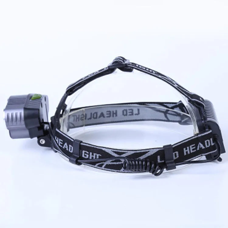 Fixed focus LED head torch with head mount and long-range beam for outdoor camping.
