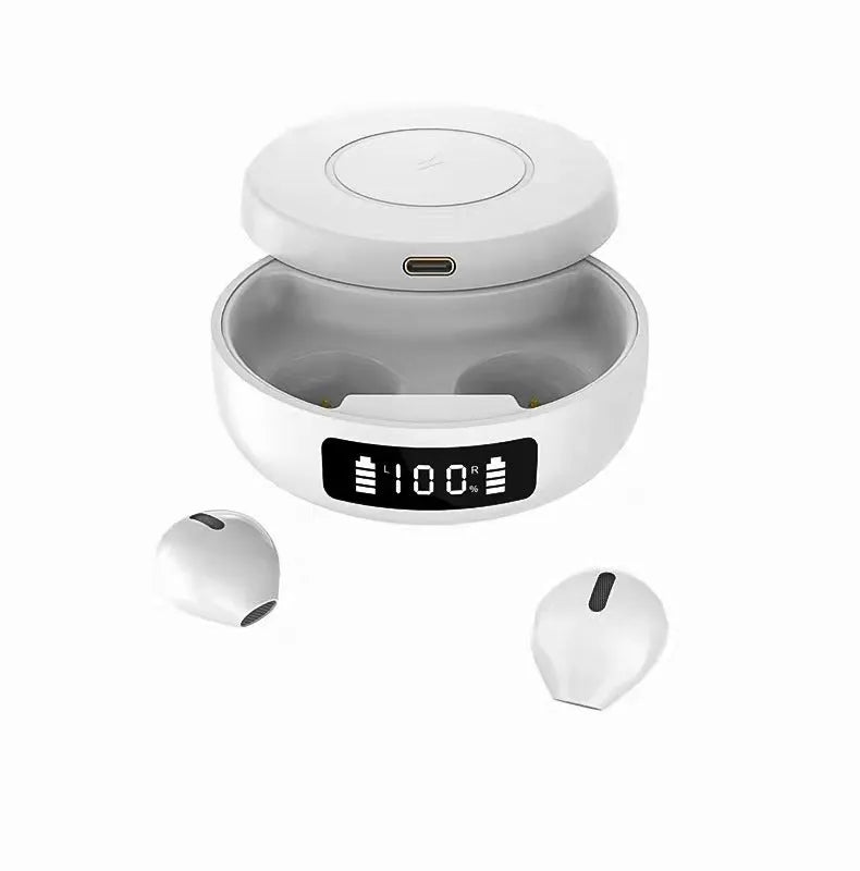 Mini semi-in-ear wireless headphones with charging compartment in black, white and colour options