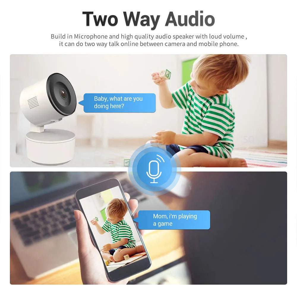 Smart WiFi security camera with 1080p HD video and PTZ rotation for indoor monitoring