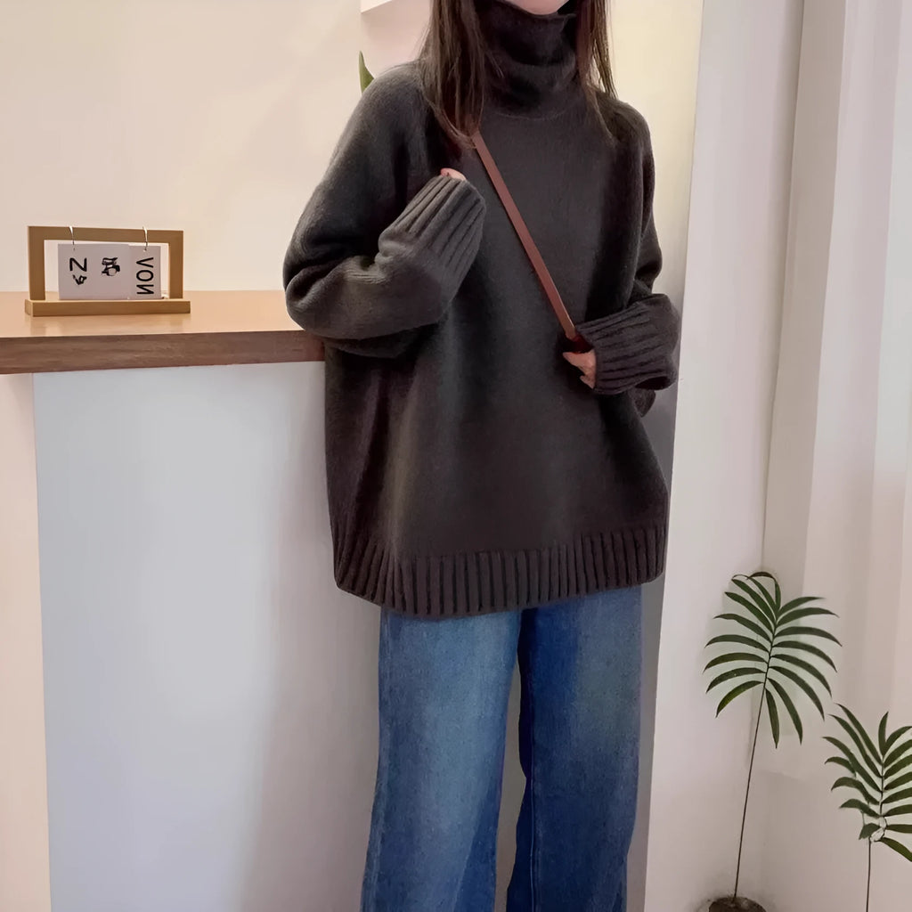 Women's loose thick turtleneck sweater with curling pile collar in red, camel, grey, or black