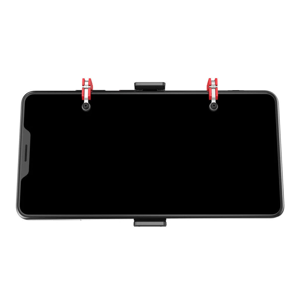Black PG-9137 mobile phone gaming bracket showing the hidden trigger on the back and telescopic fixing clip.
