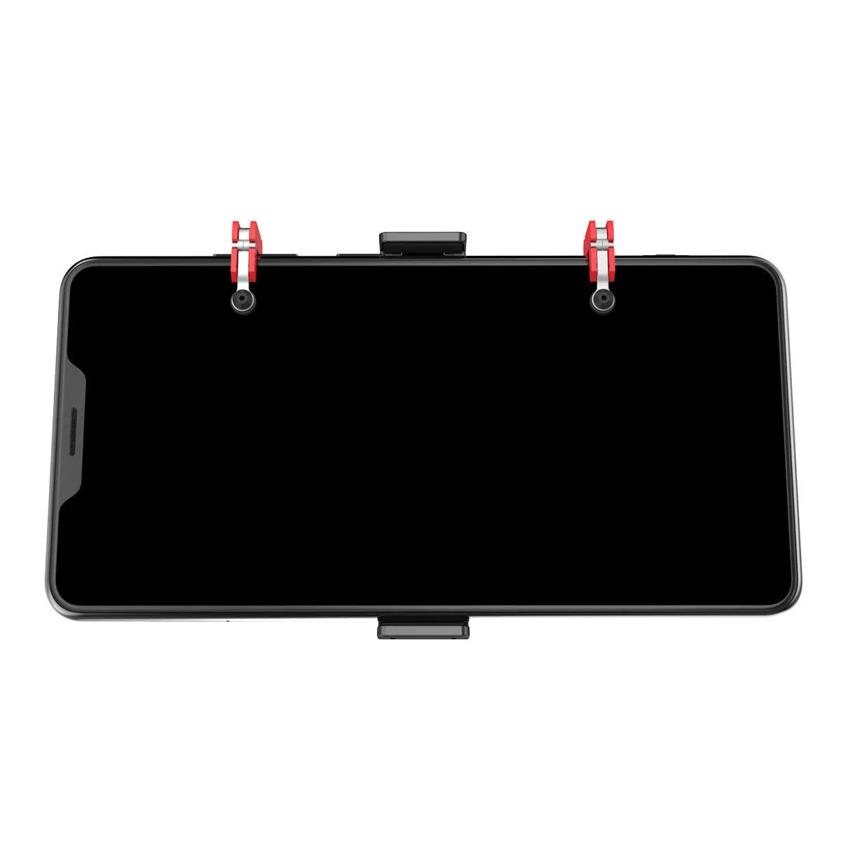 Black PG-9137 mobile phone gaming bracket showing the hidden trigger on the back and telescopic fixing clip.