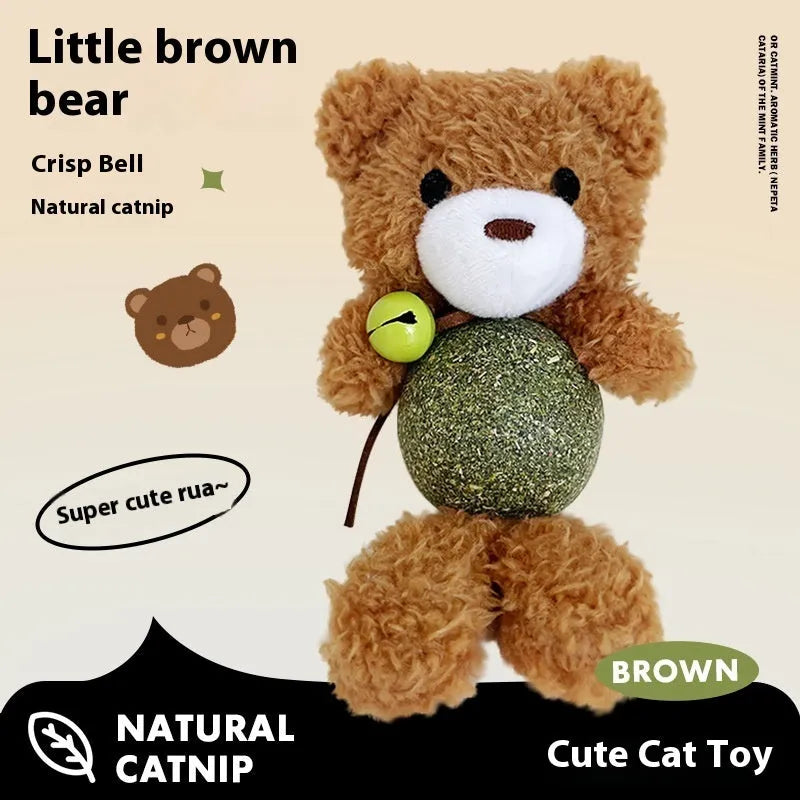 Brown bear plush cat toy with catnip ball and bell for kittens and cats