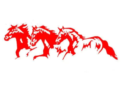 Three Horses car decal sticker with steed design in black, white, red, or blue, showing 25x8cm size.