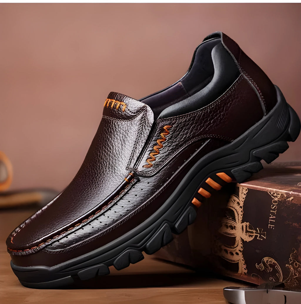 Men's black and brown business casual leather slip-on shoes with rubber sole