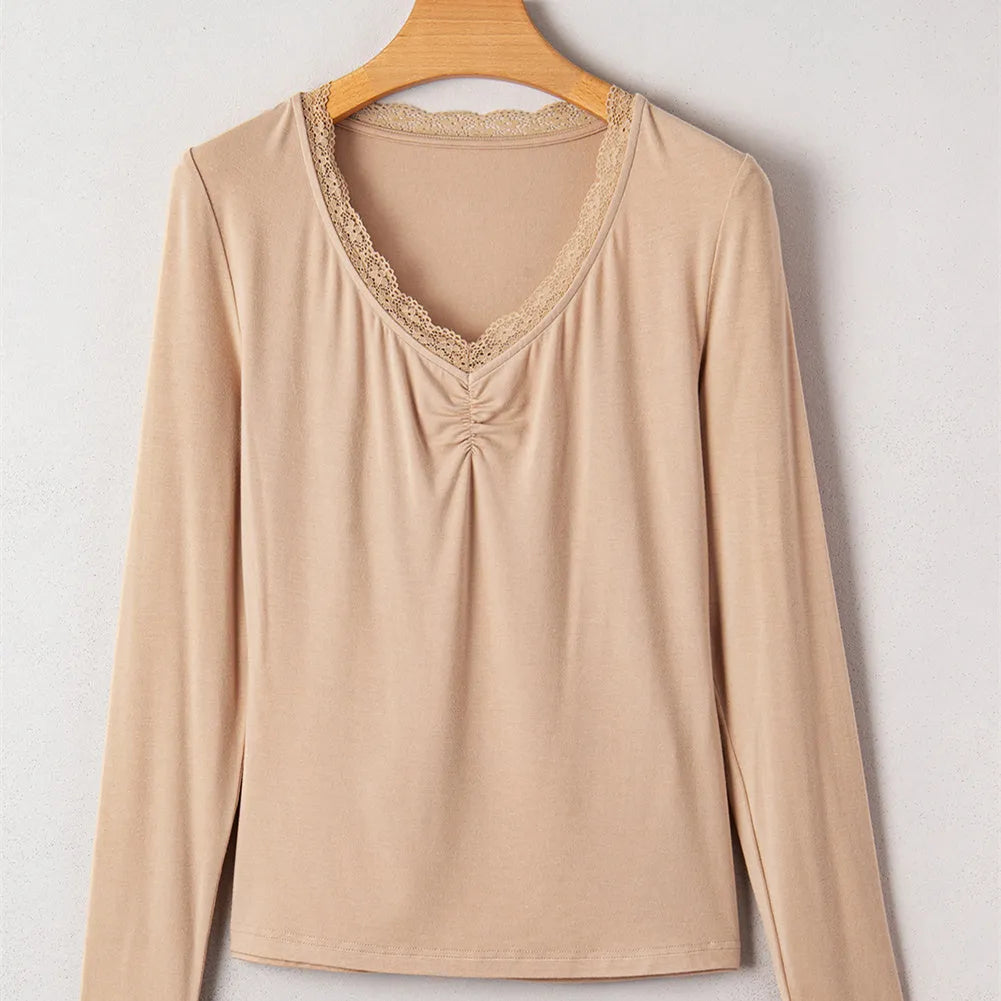 Red women's long sleeve casual top with lace trim detail and slim fit silhouette