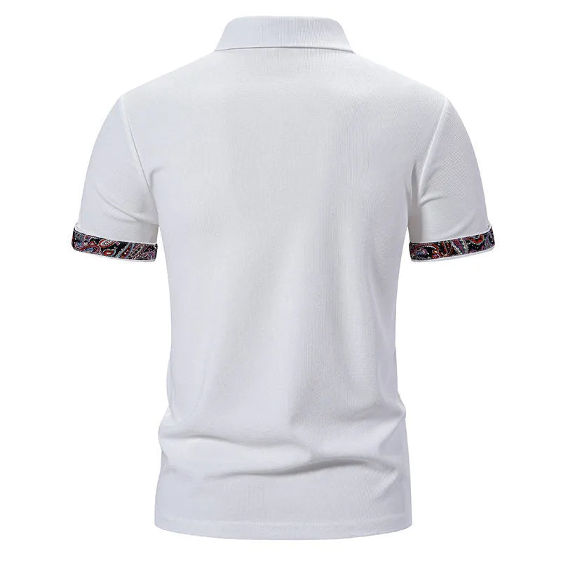 Men's short sleeve polo shirt in a cotton blend fabric, showing turnover collar and colour stitching detail.