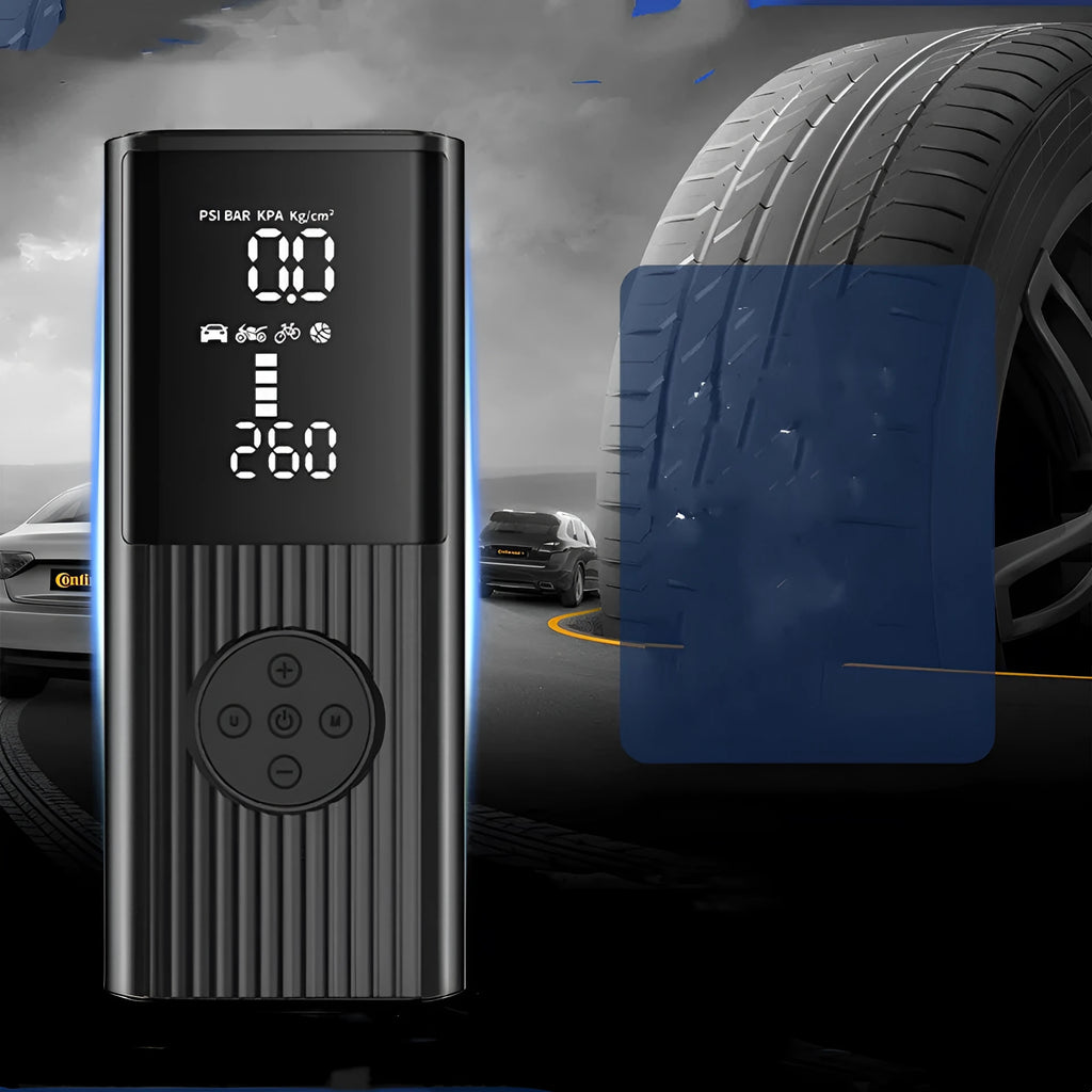 Portable wireless car tyre inflator with LED light display and USB port on compact black housing