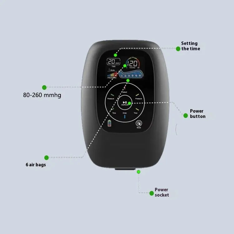 Air compression leg, arm, and waist massager with remote control and multiple size attachments