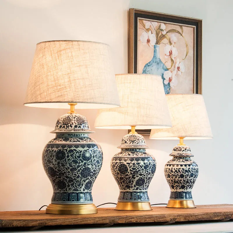 Chinese blue and white porcelain table lamp with ceramic base and cloth shade