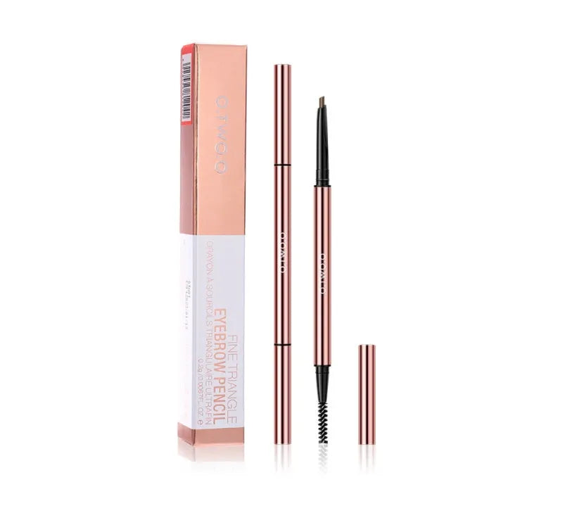 Eyebrow makeup pencil with triangular tip in colour box, shown in shades Auburn, Blonde, Caramel, Dark Brown, Soft Brown, Taupe.