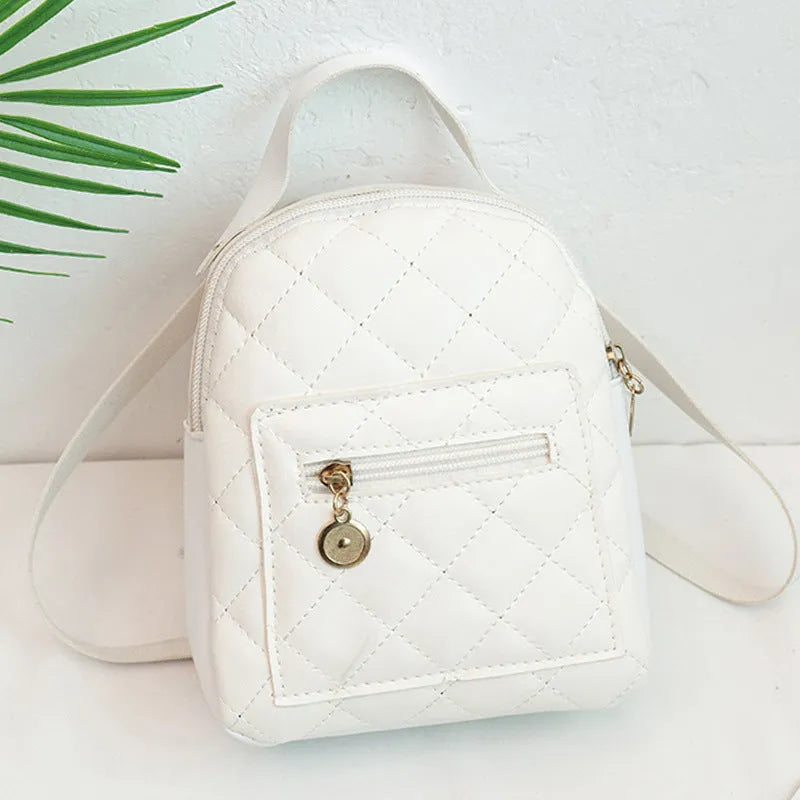 Hard square white girls backpack with embroidered Korean style design, showing soft carry handle and dimensions.
