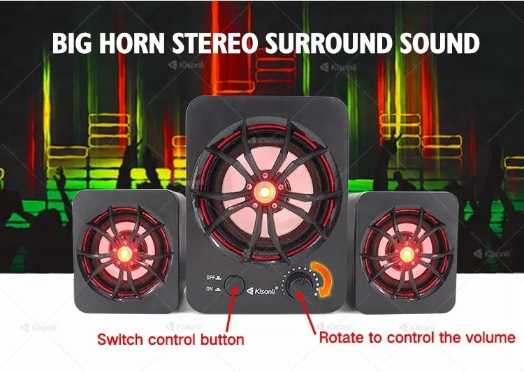 Green 2.1 USB computer speaker with colourful glowing light and dual connectivity ports