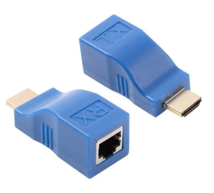 A pair of compact black HDMI extender units for transmitting 1080p video over a Cat-5e or Cat-6 network cable.