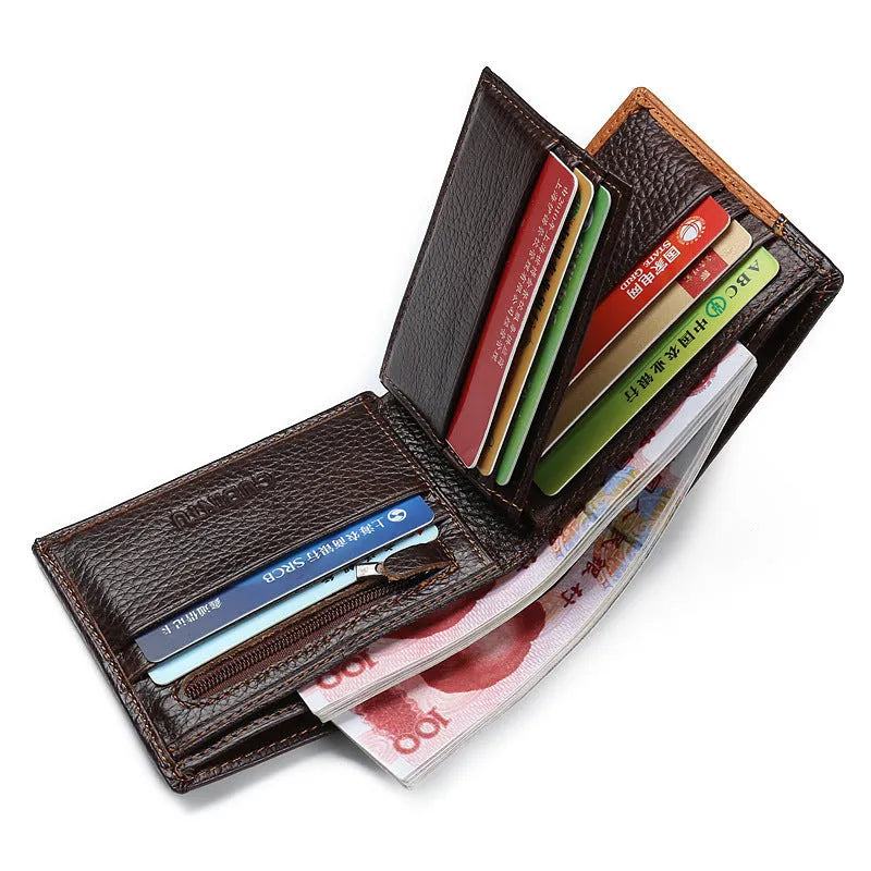 Men's soft leather three-fold wallet with personality stitching and multiple internal compartments