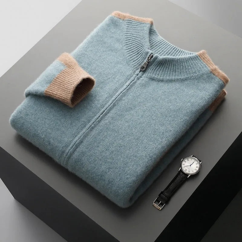 Men's grey wool half turtleneck zip cardigan with loose fit and long sleeves