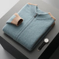 Men's grey wool half turtleneck zip cardigan with loose fit and long sleeves