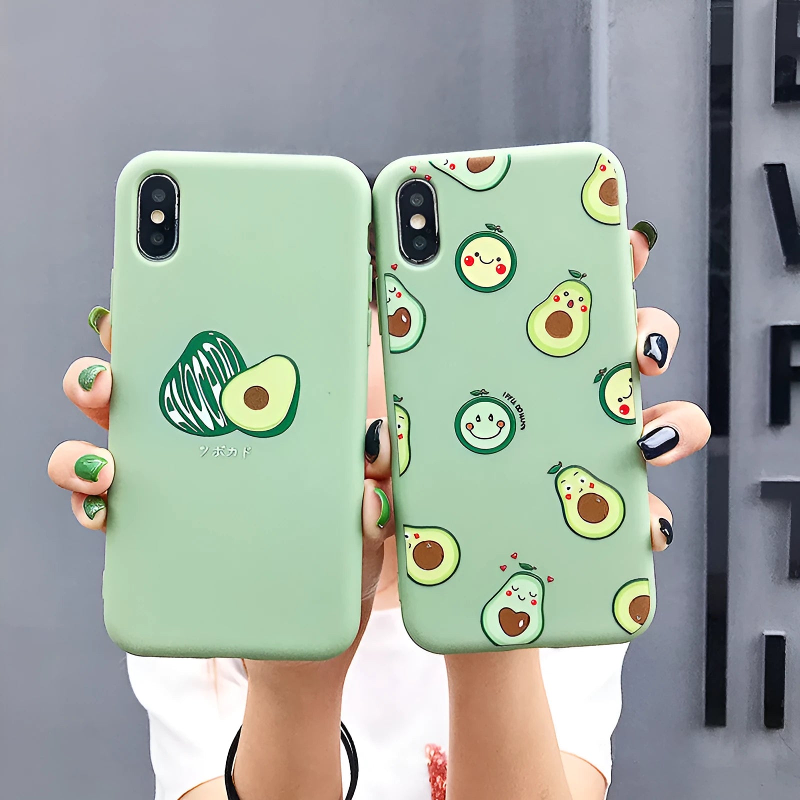 Green cartoon avocado design on a soft TPU phone case for Apple iPhone.