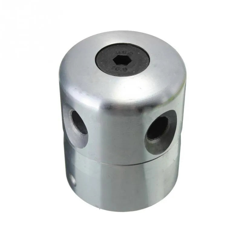 Silver aluminium lawn mower trimmer head with light yellow square grass strings and a wrench