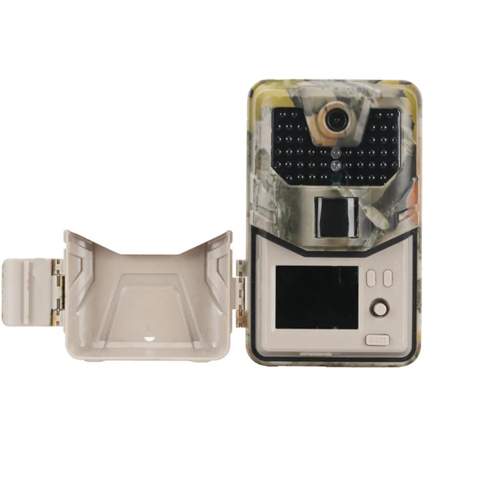 Outdoor hunting camera with camouflage finish showing LCD screen and infrared LED array