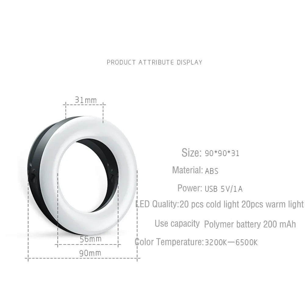 Compact black portable LED selfie ring light for mobile phones with USB cable