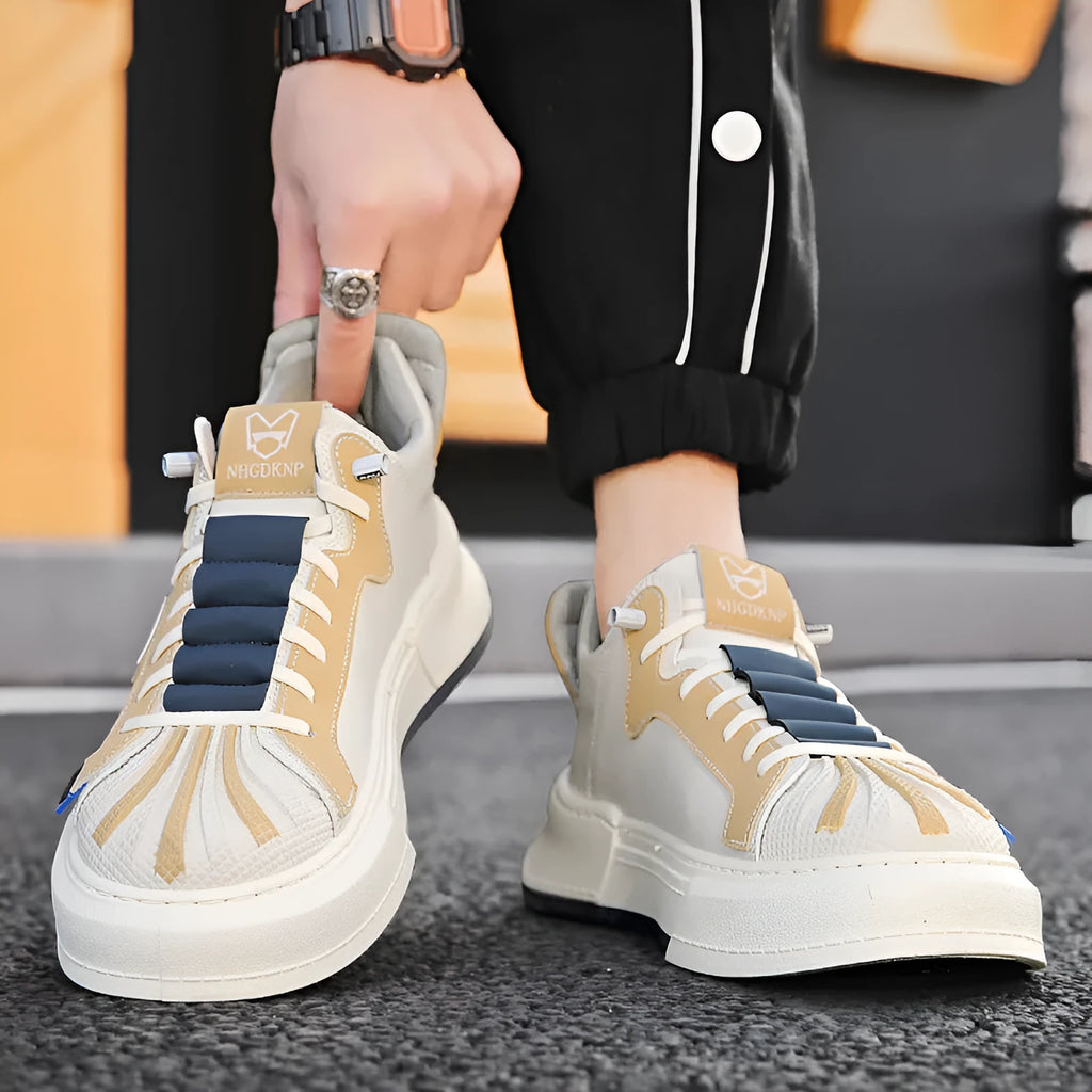 Men's beige low-top sneakers with elastic band fastening and leather stitching details