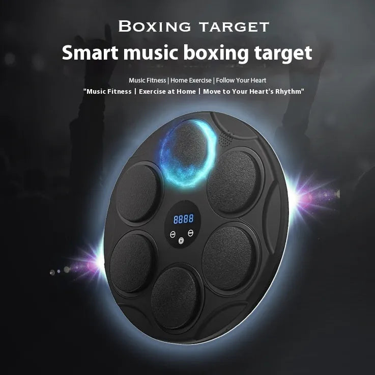 Black wall-mounted smart boxing target with coloured LED lights and Bluetooth connectivity for fitness training