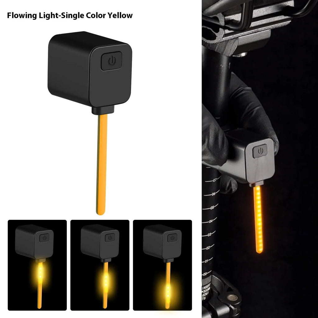 Bicycle taillight with running water LED light pattern mounted on bike seat tube for night riding safety