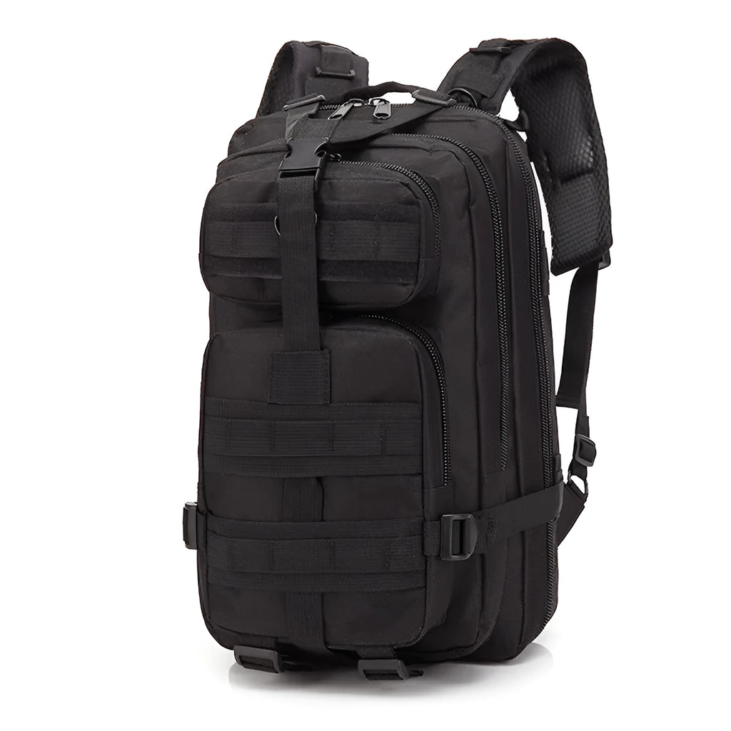 Large khaki off-road hiking backpack with air pillow belt system shown for mountaineering.