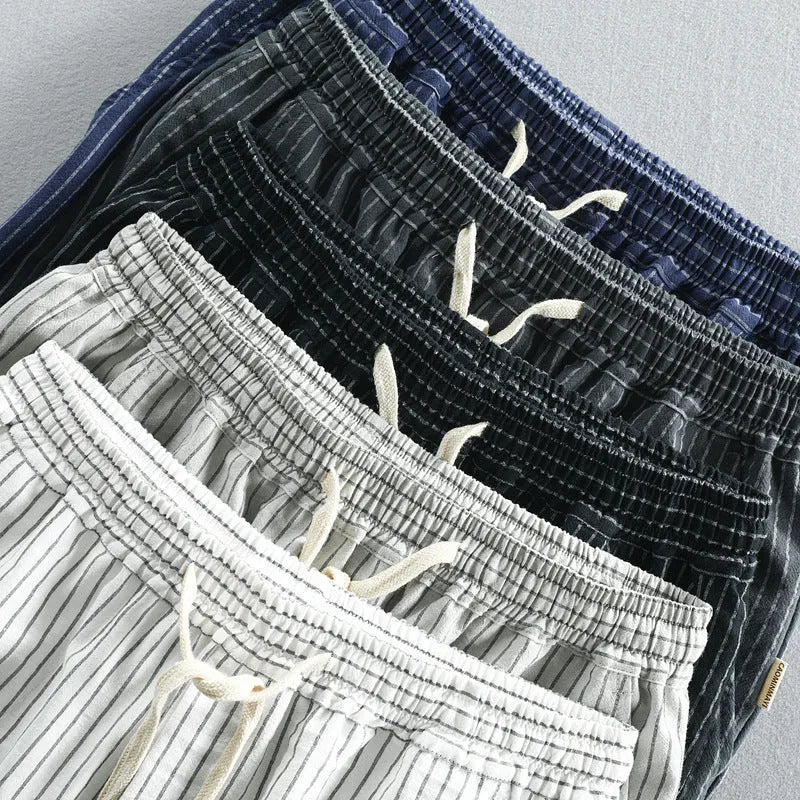 Men's striped cotton casual shorts with elastic waist in loose straight fit