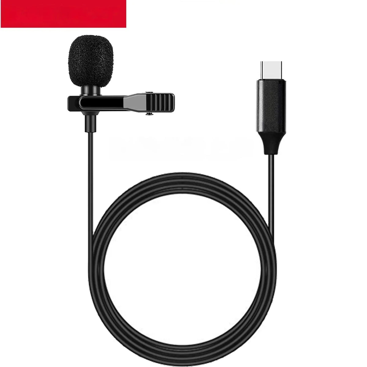 Black USB-C lavalier microphone with digital DAC chip, metal clip, sponge cover, and storage bags.