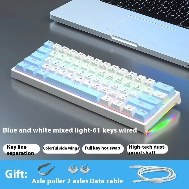 Blue and white 61-key compact mechanical keyboard with hot-swappable switches on black background