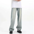 Blue loose retro-style casual trousers on a hanger, showing elasticated waist and rabbit fur fabric.