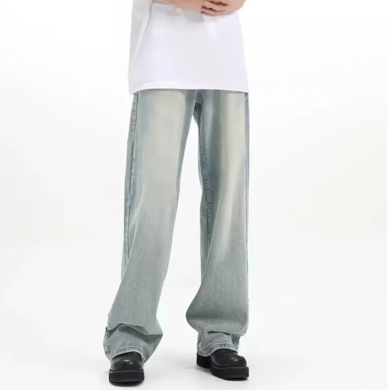 Blue loose retro-style casual trousers on a hanger, showing elasticated waist and rabbit fur fabric.