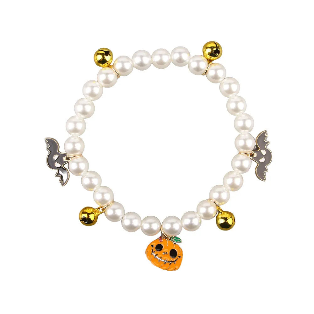 Halloween cat collar with simulated pearl necklace in pumpkin design