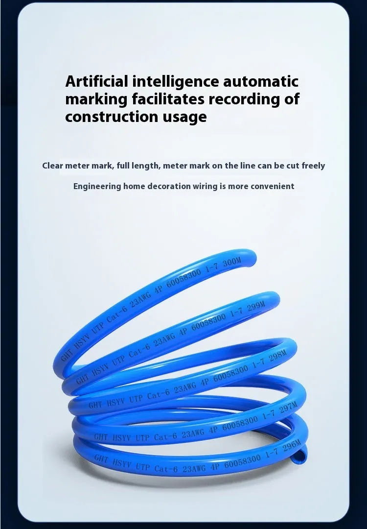 Blue and grey 305 metre reels of Cat6A oxygen-free copper network cable for 10G Ethernet installations.