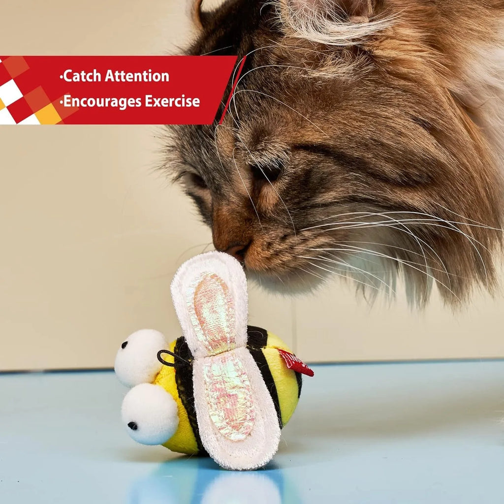 Yellow bee-shaped electronic cat toy with motion-activated chirping sound for indoor feline play