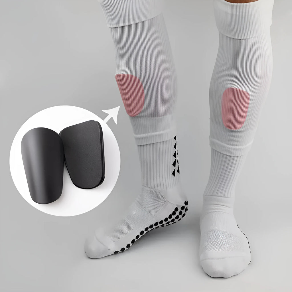 PU mini shin guards in black, white, red and blue for football and outdoor sports