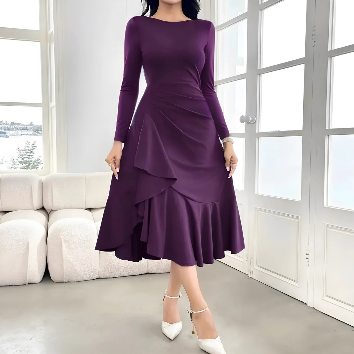 Purple women's long sleeve dress with round neck, ruffles, and a mid waist.