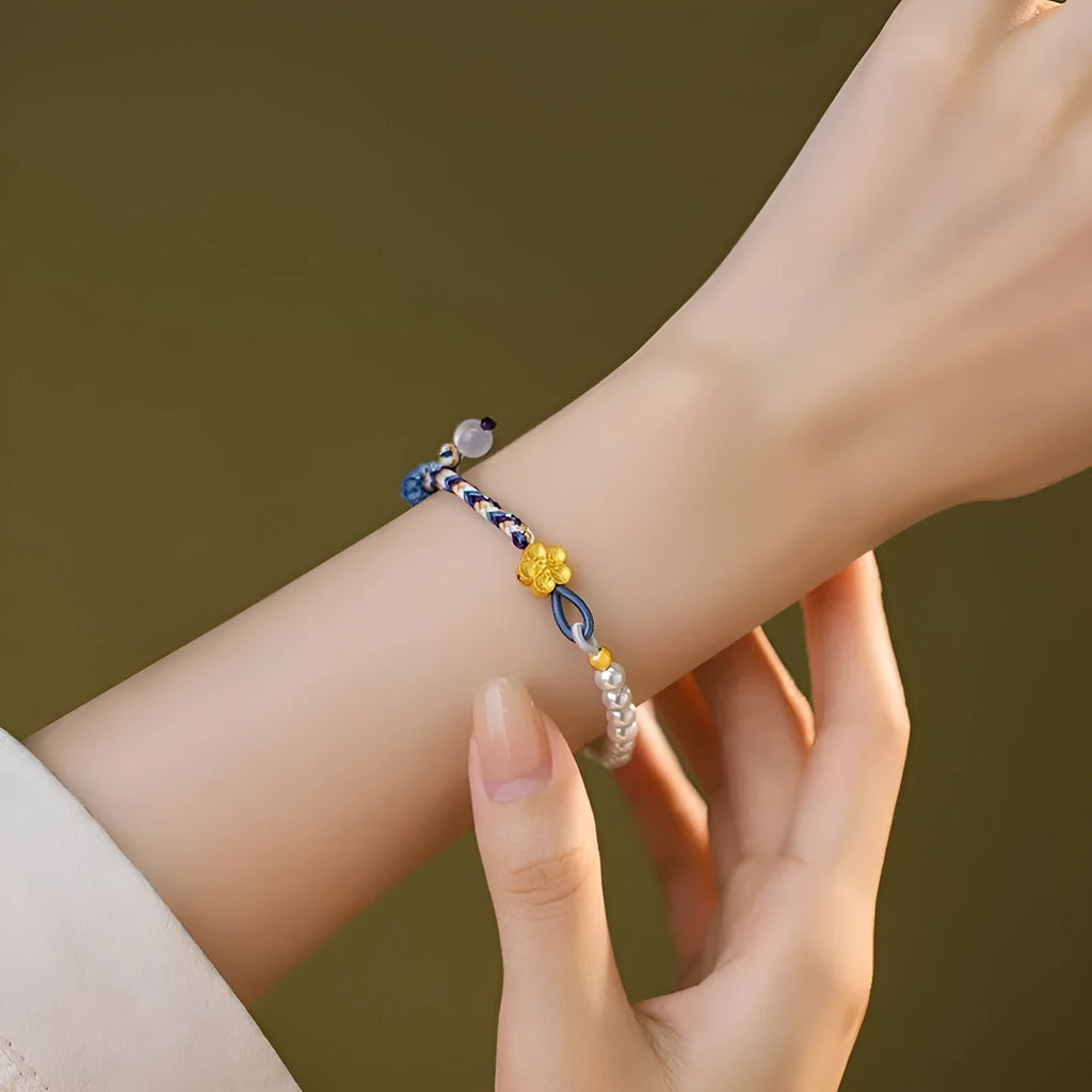 Sterling silver chalcedony carrying strap bracelet with Chinese flower weaving and peach colour
