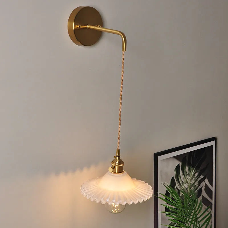 Copper retro wall lamp with transparent glass lotus shade, 22cm diameter