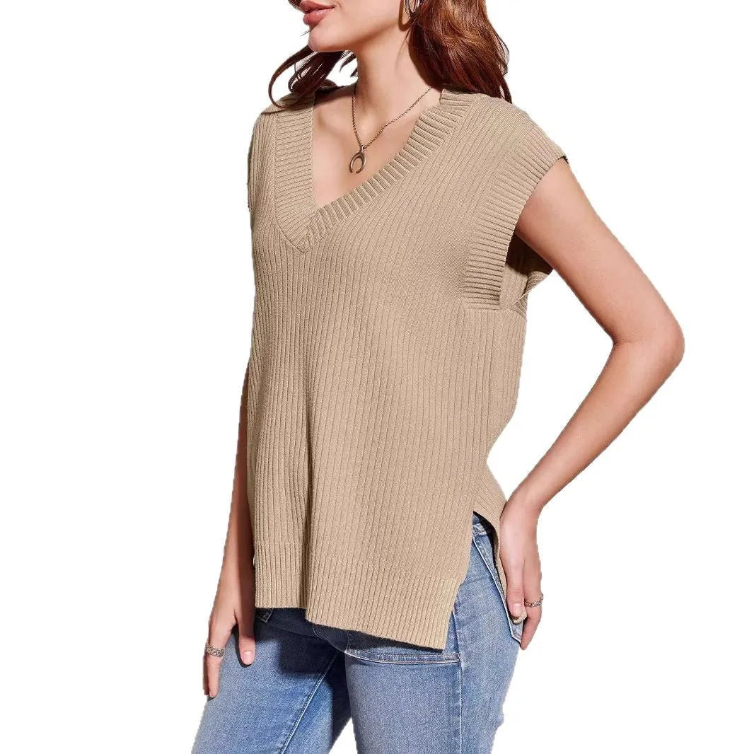 Women's V-neck sleeveless pullover vest in loose fit camel colour viscose fabric