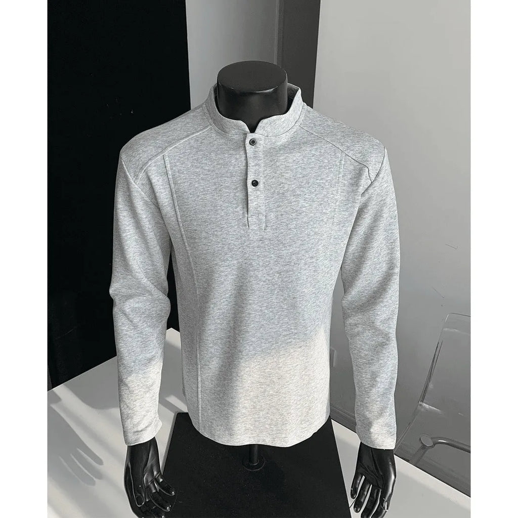 Men's cotton patchwork polo shirt with stand-up collar and asymmetric design in three colour options